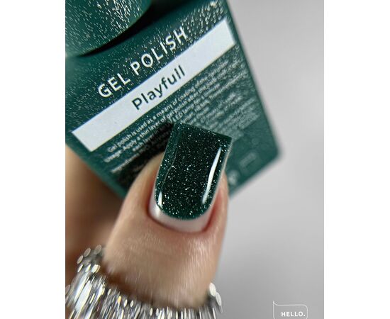 HELLO. Reflective Gel Polish, PLAYFULL, 15 ml, gel polish, dark green with silvery light particles